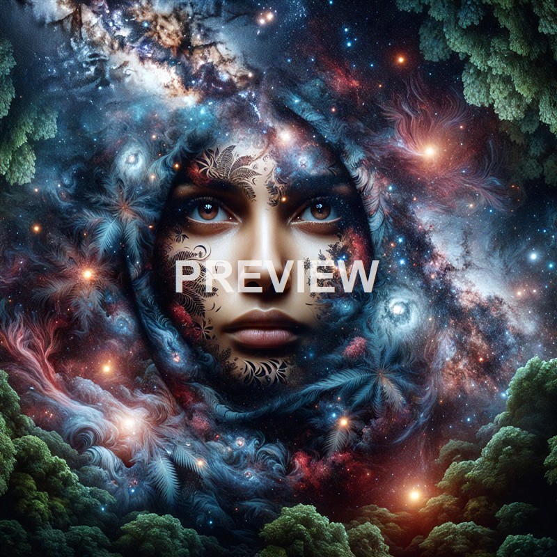 A surreal image of a woman's face blending into a cosmic scene with stars, galaxies, and nebulae, surrounded by lush green trees at the edges.